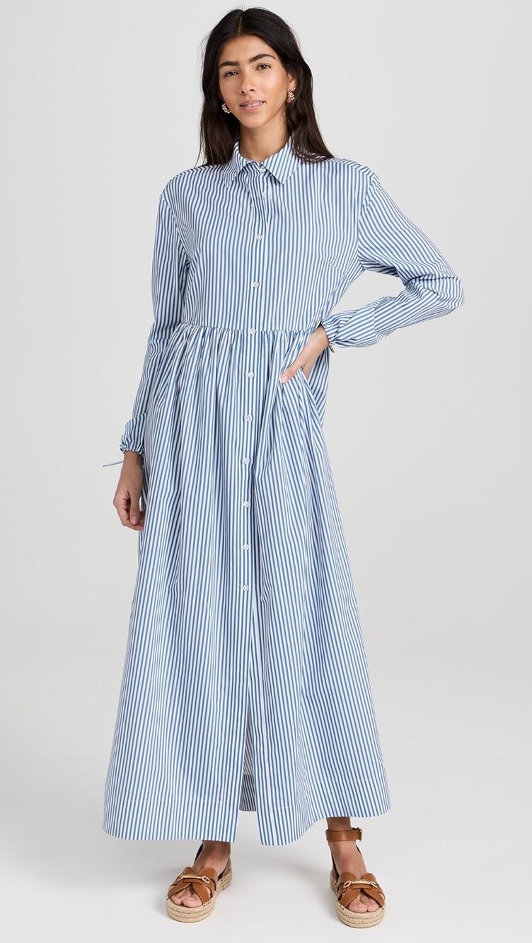 New ONIA Beach Stripe Poplin Maxi Shirtdress $285 LARGE Blue/White BUTTON-FRONT